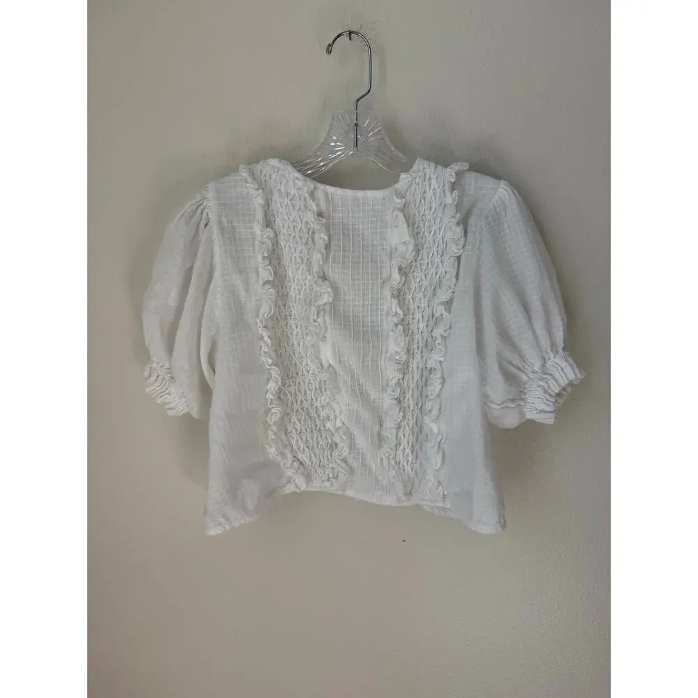 Innika Choo Smocked Ruffle Puff Sleeve Cutout Button Up Peasant Top - Picture 3 of 8
